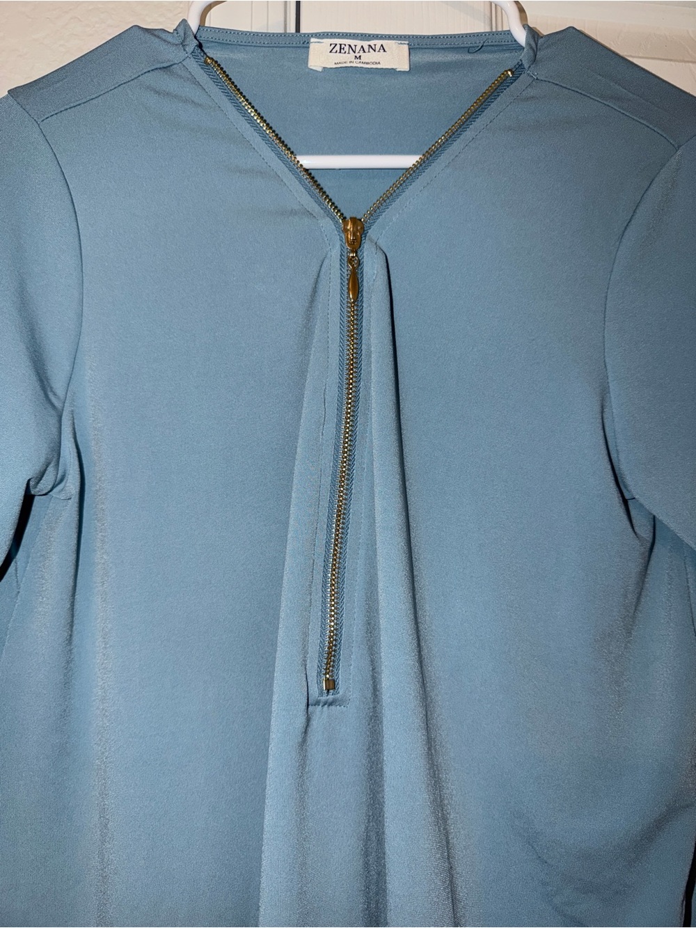 Zenana Half-Zip Roll-Sleeve Blouse - Dusty Blue - Picture 4 of 8